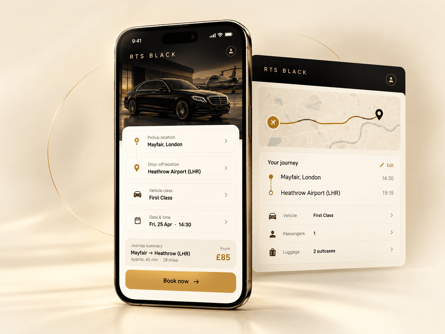 RTS Black app showing chauffeur booking and journey details